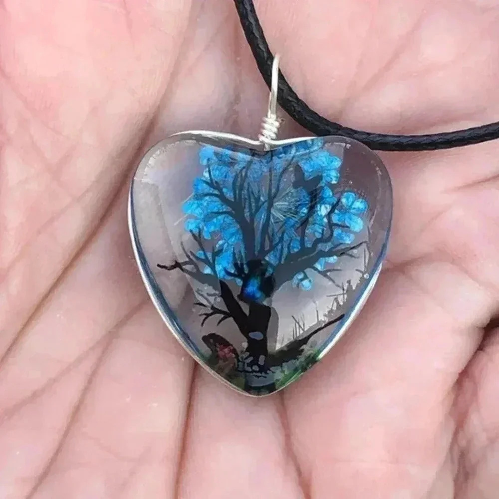 Blue Hearl Real Flowers Glass Tree Butterfly Necklace NWT